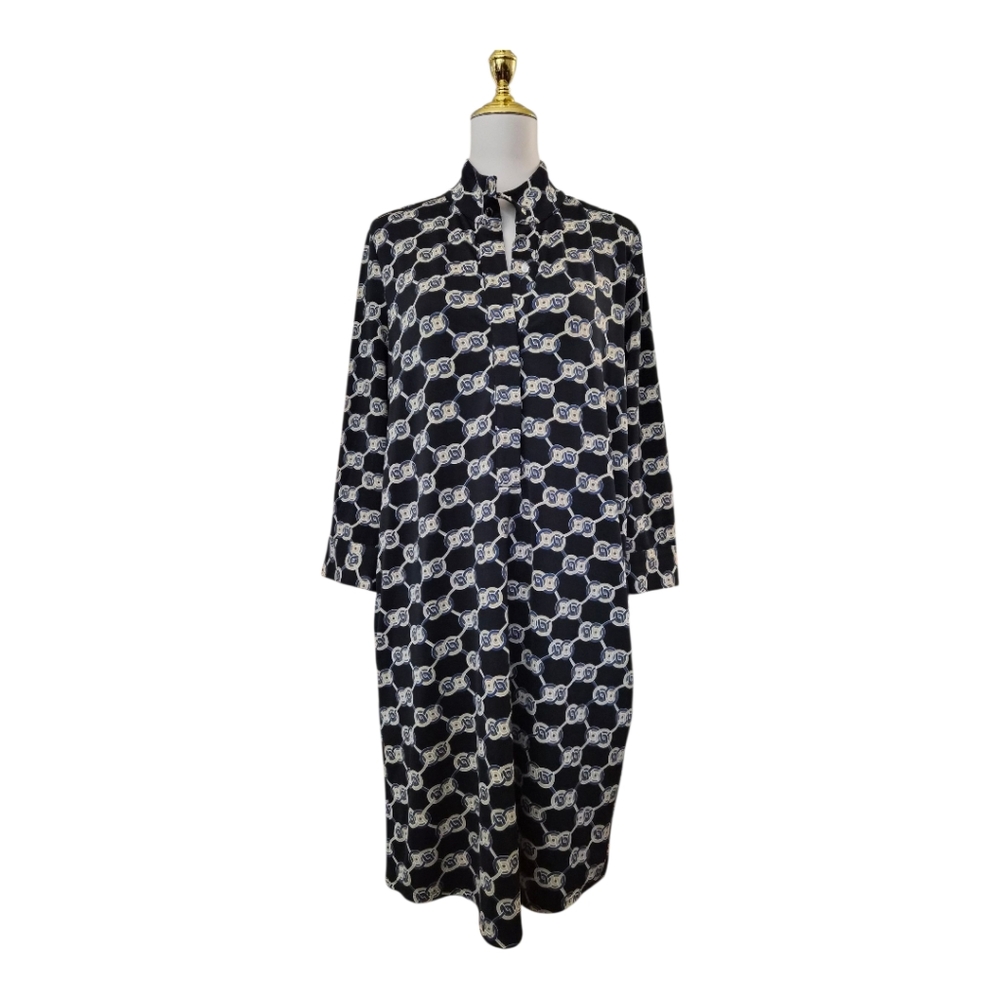 J.McLaughlin Berlin Dress M Black Chain Print Mock Neck Midi Long Sleeve